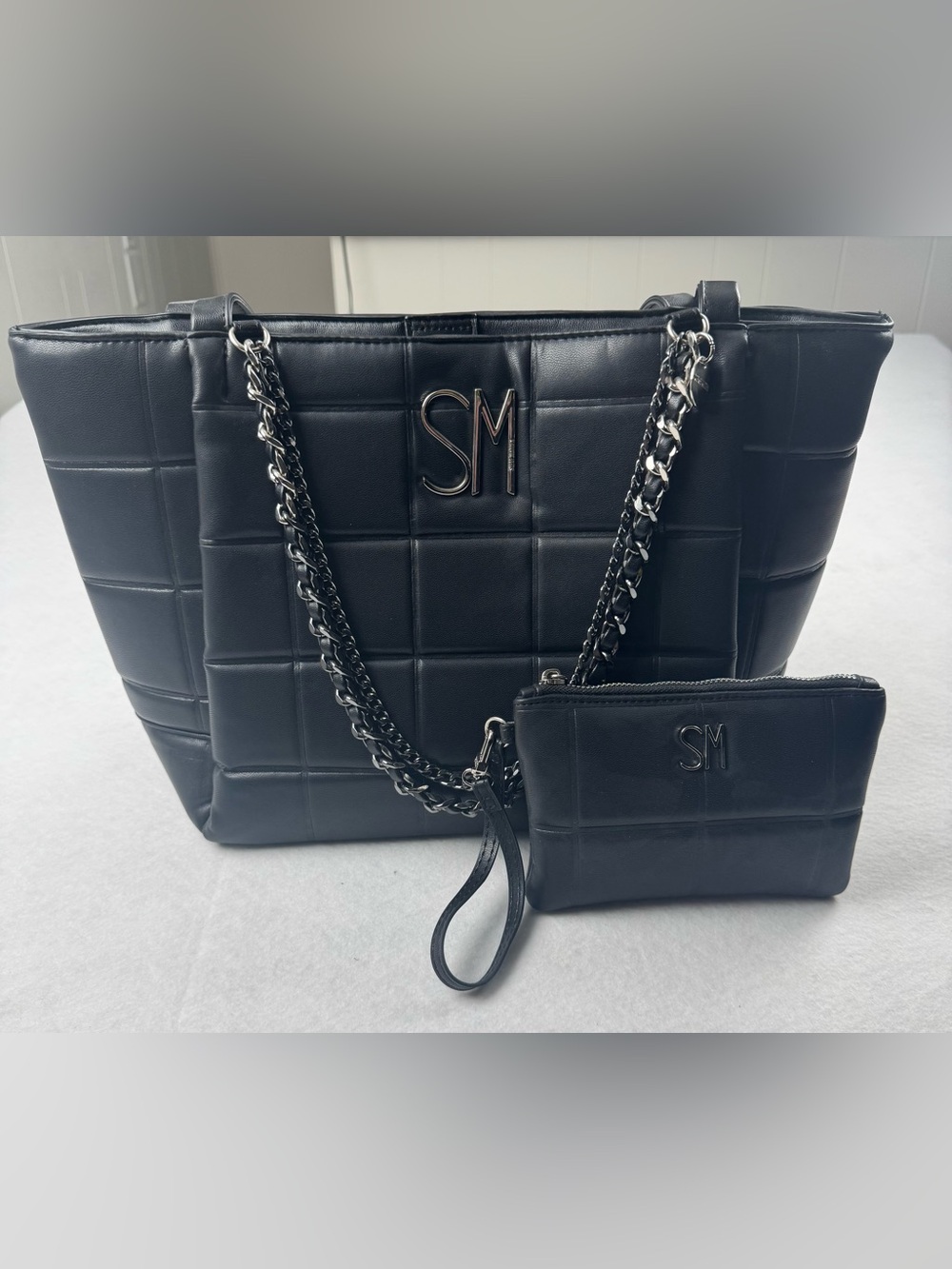 A Steve Madden Black Quilted Tote Bag w/ Chain Strap & Wristlet Pouch